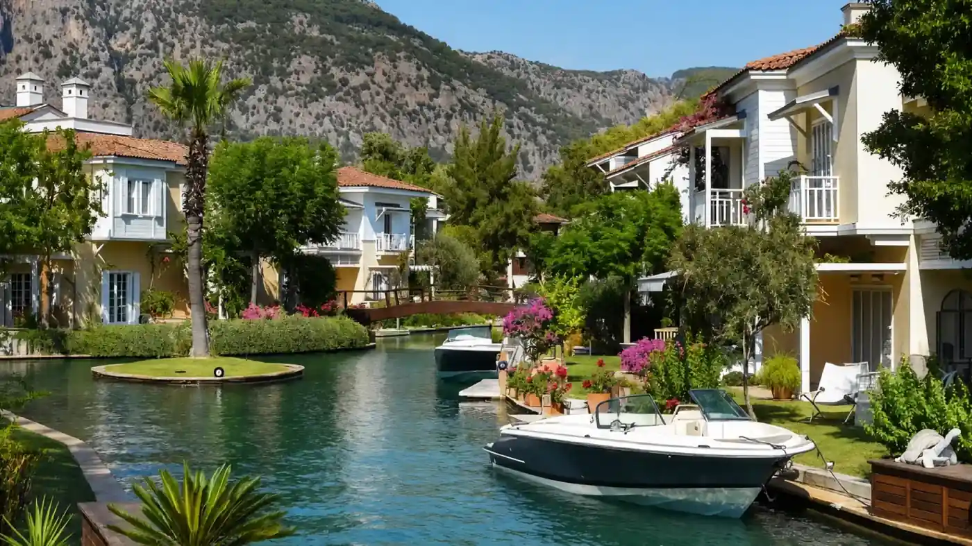 Sakin Göcek kanalında su kenarındaki evler ve küçük tekneler